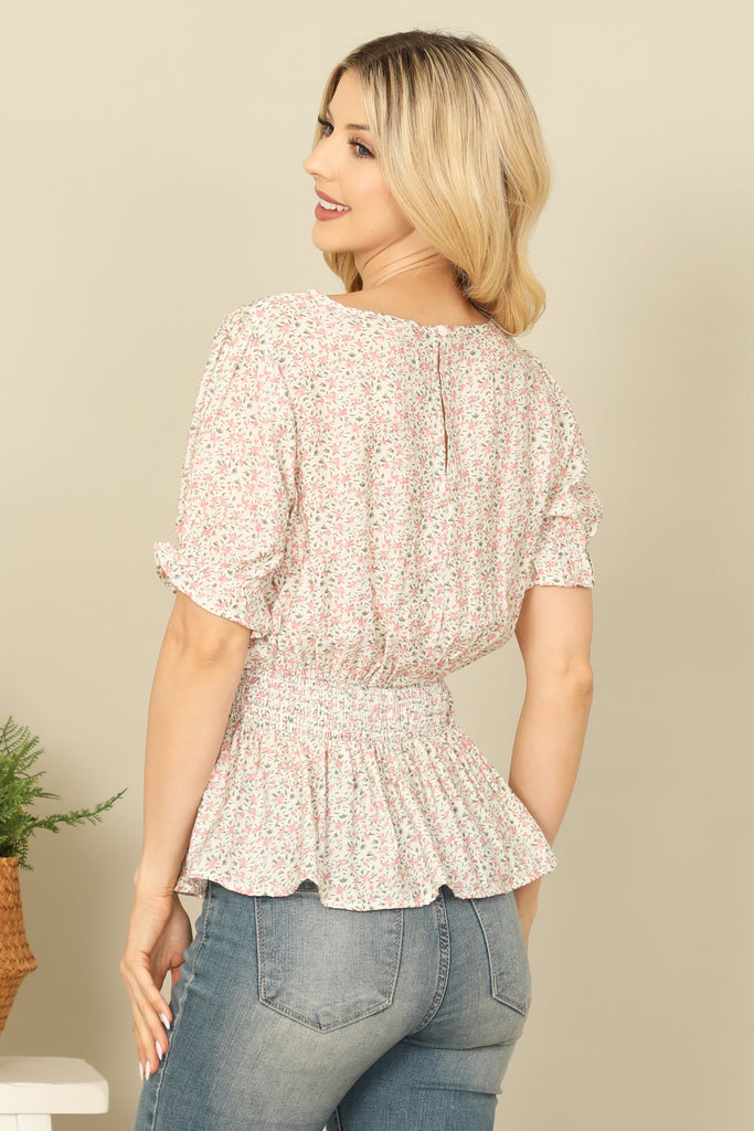 RUFFLE HALF SLEEVE SMOCKED WAIST FLORAL TOP