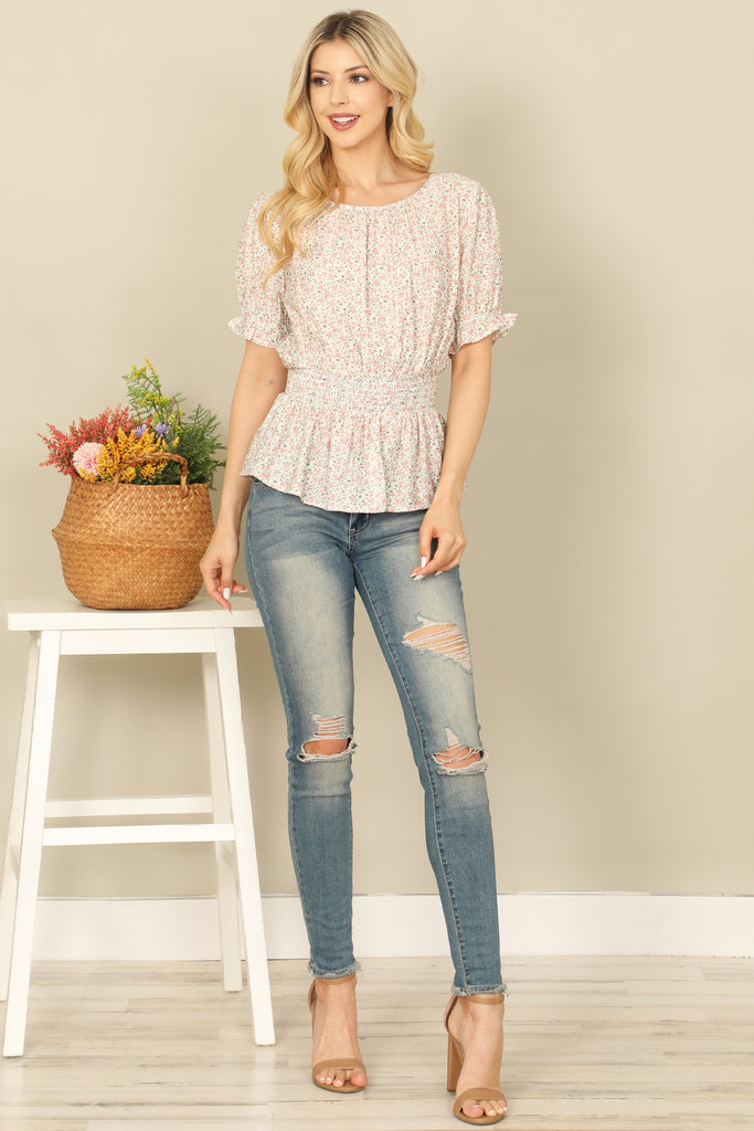 RUFFLE HALF SLEEVE SMOCKED WAIST FLORAL TOP
