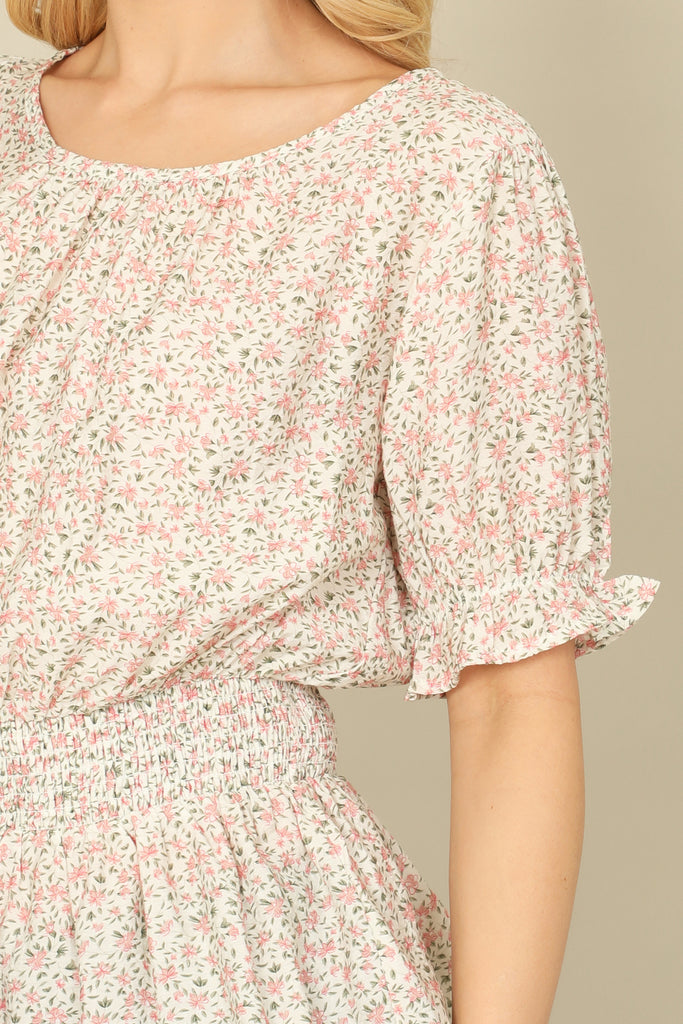 RUFFLE HALF SLEEVE SMOCKED WAIST FLORAL TOP