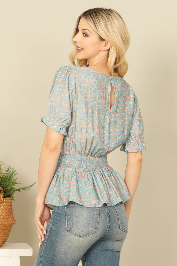 RUFFLE HALF SLEEVE SMOCKED WAIST FLORAL TOP