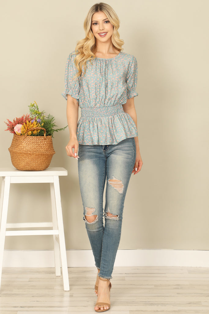 RUFFLE HALF SLEEVE SMOCKED WAIST FLORAL TOP