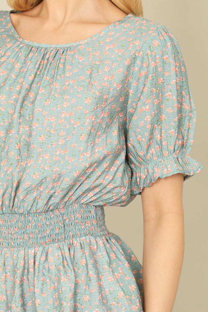 RUFFLE HALF SLEEVE SMOCKED WAIST FLORAL TOP