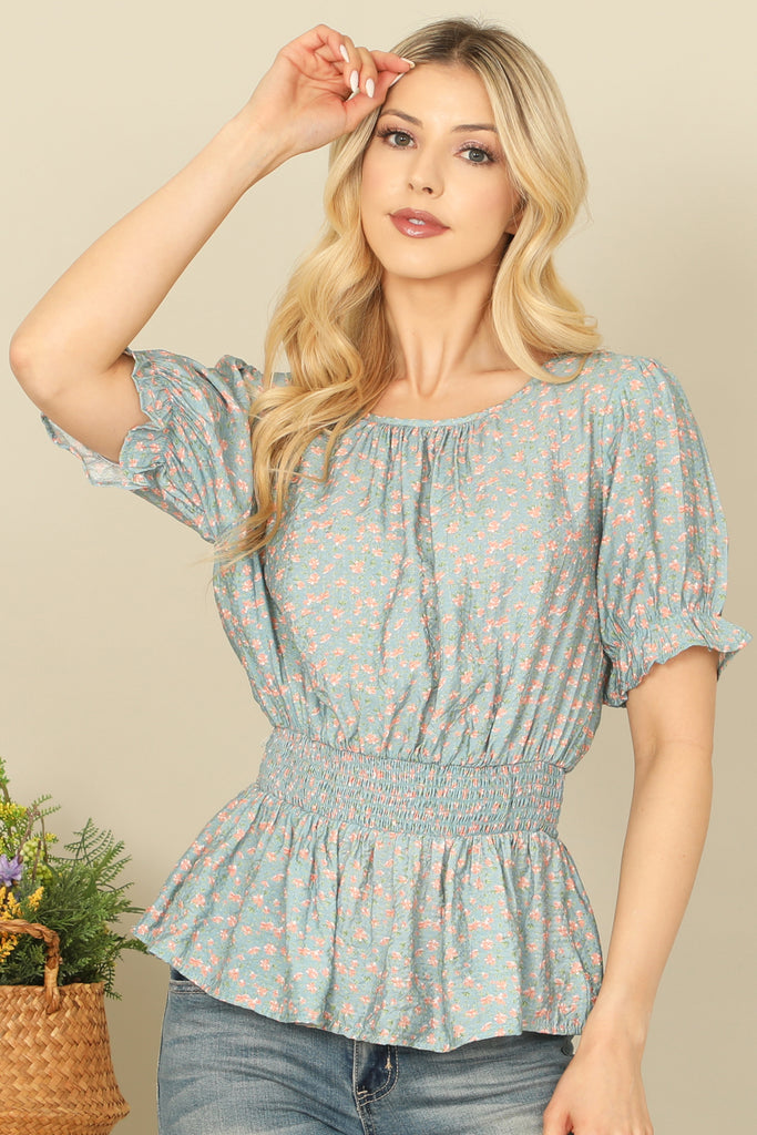 RUFFLE HALF SLEEVE SMOCKED WAIST FLORAL TOP