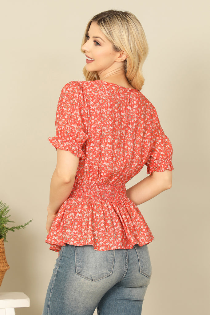 RUFFLE HALF SLEEVE SMOCKED WAIST FLORAL TOP