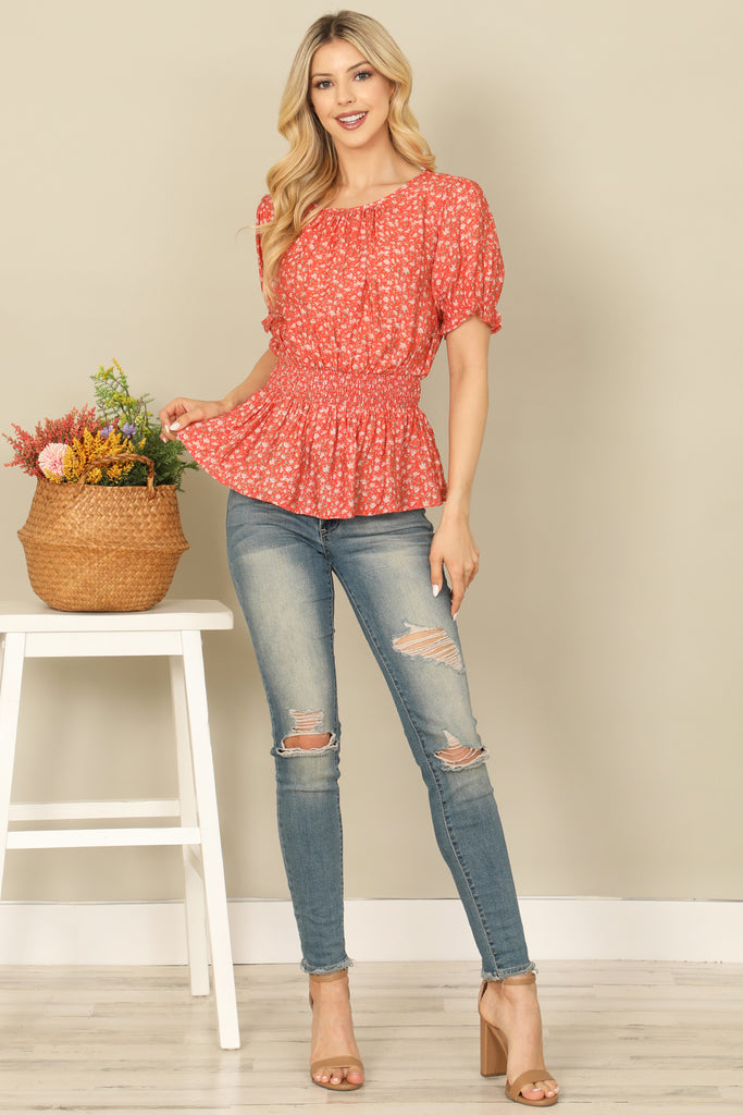 RUFFLE HALF SLEEVE SMOCKED WAIST FLORAL TOP
