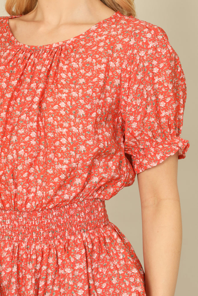 RUFFLE HALF SLEEVE SMOCKED WAIST FLORAL TOP