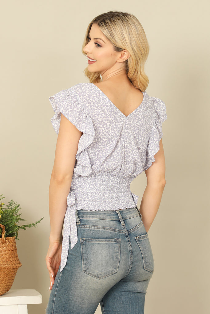 RUFFLE SLEEVELESS SIDE RIBBON SMOCKED WAIST FLORAL TOP