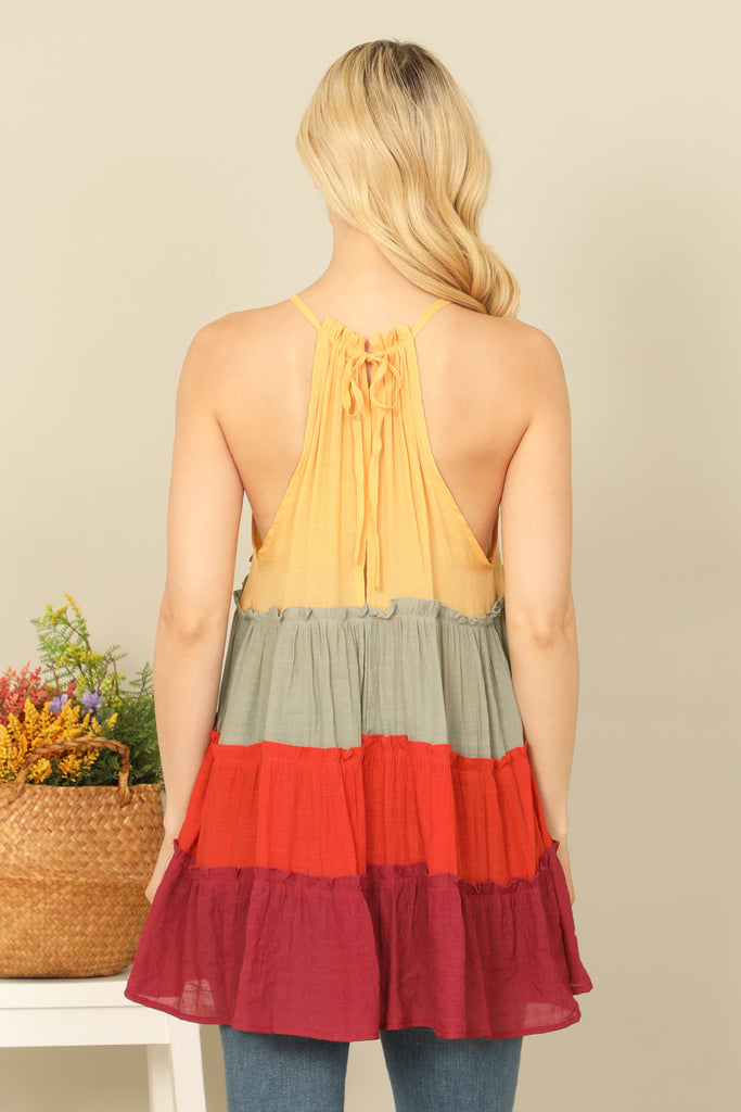HALTER COLOR BLOCK RUFFLE TIERED TOP