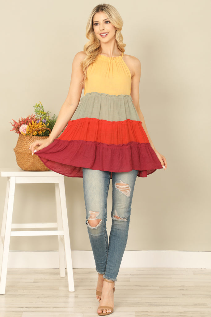 HALTER COLOR BLOCK RUFFLE TIERED TOP