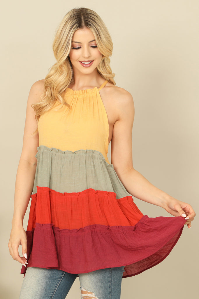 HALTER COLOR BLOCK RUFFLE TIERED TOP