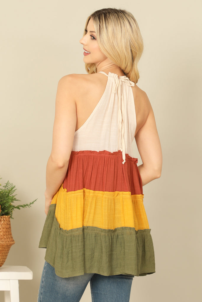 HALTER COLOR BLOCK RUFFLE TIERED TOP