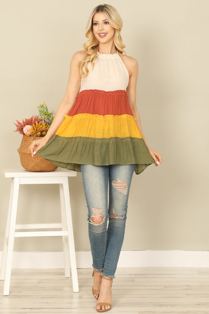 HALTER COLOR BLOCK RUFFLE TIERED TOP