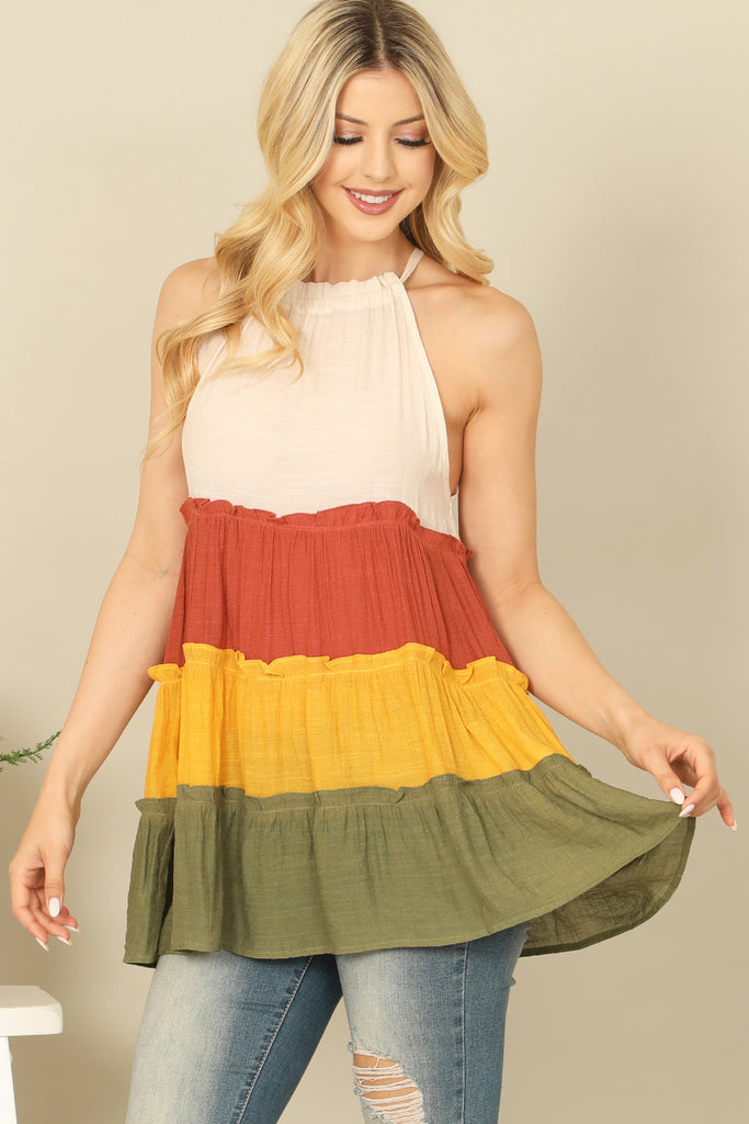 HALTER COLOR BLOCK RUFFLE TIERED TOP