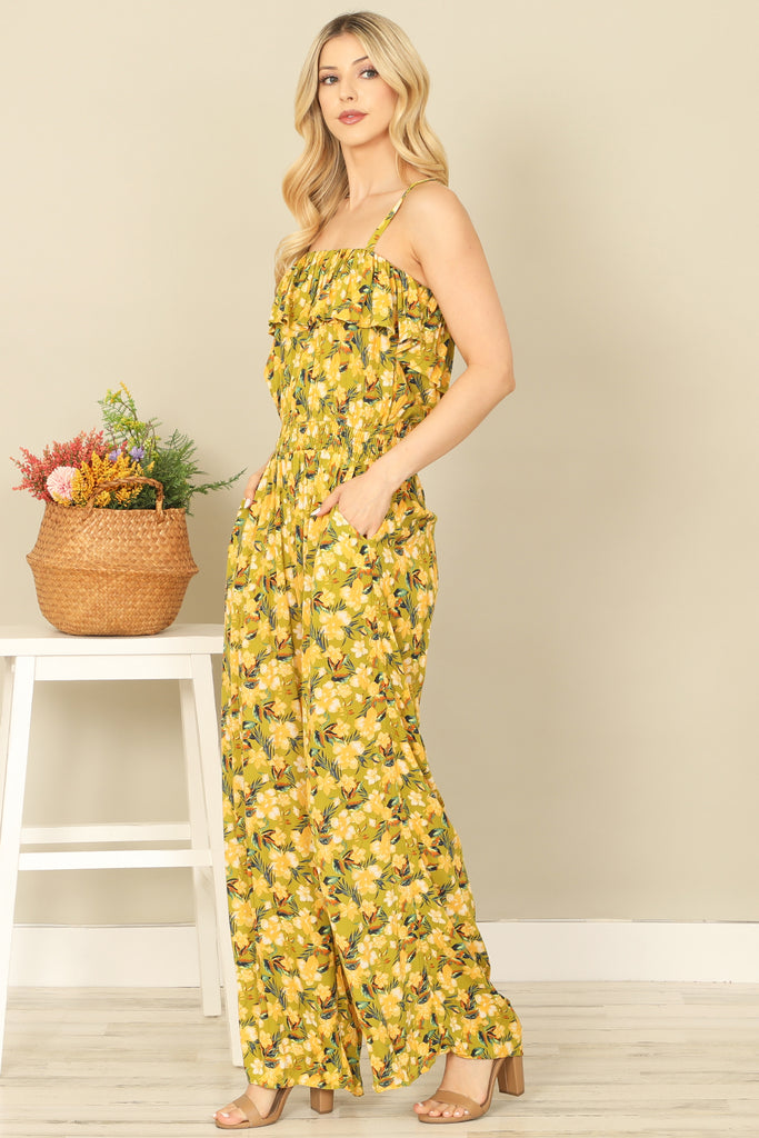 SPAGHETTI STRAP RUFFLE DETAIL SIDE POCKET PRINTED JUMPSUIT