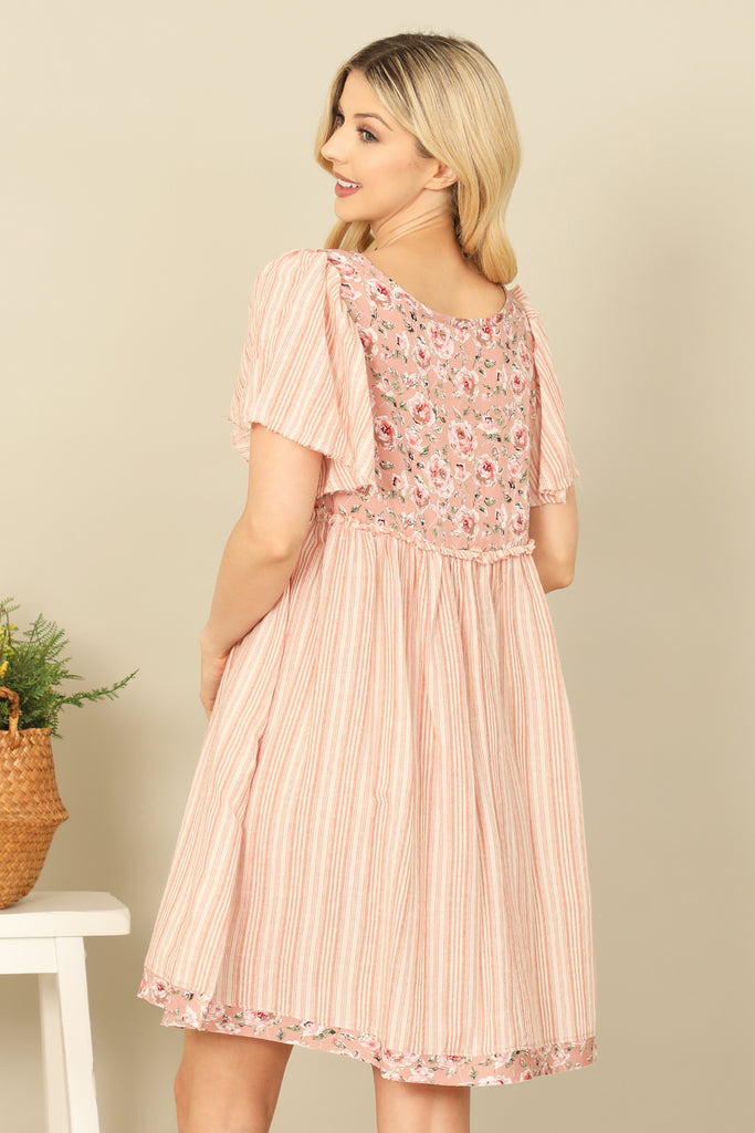 FLORAL-STRIPE PRINT BELL SLEEVE TIE DETAIL BABYDOLL DRESS