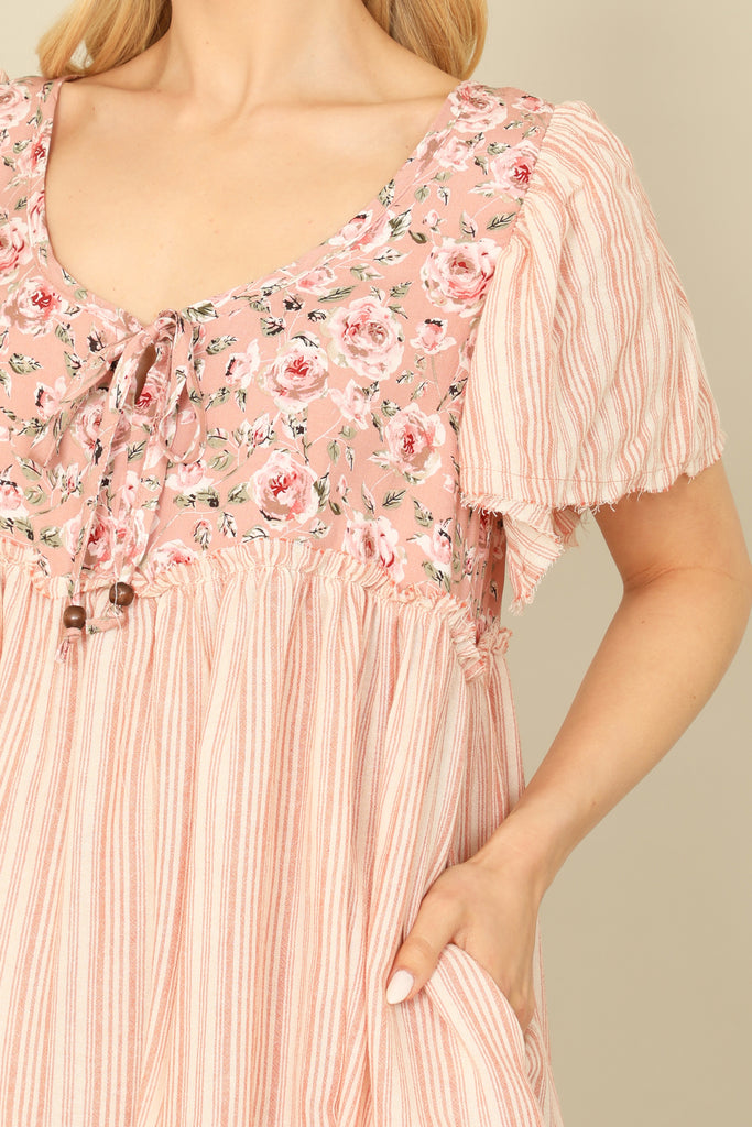 FLORAL-STRIPE PRINT BELL SLEEVE TIE DETAIL BABYDOLL DRESS