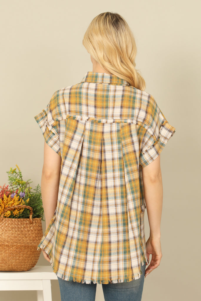 COLLARED CUFF SLEEVE FRONT POCKET PLAID TOP