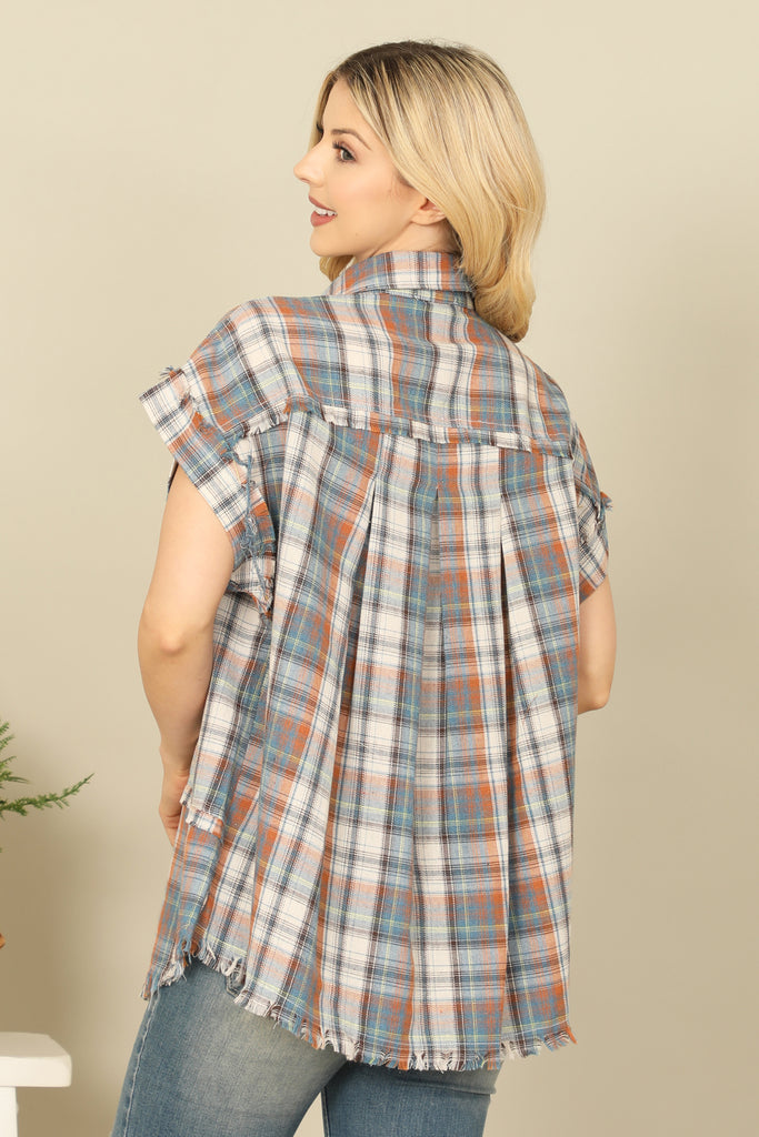 COLLARED CUFF SLEEVE FRONT POCKET PLAID TOP