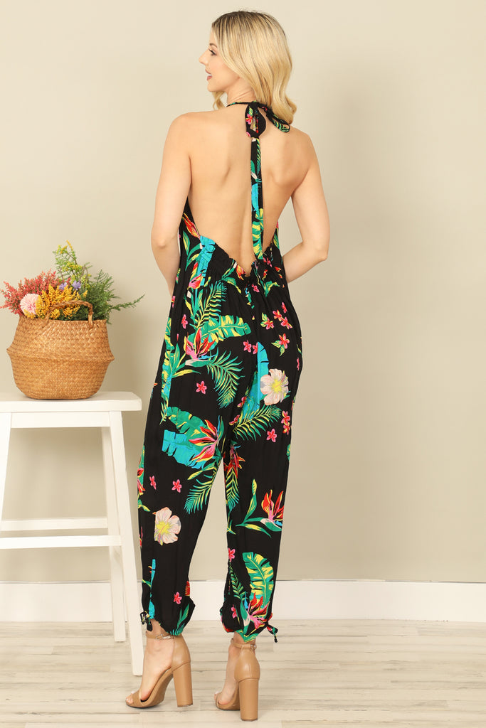 TROPICAL HALTER TIE STRAP BACKLESS JUMPSUIT
