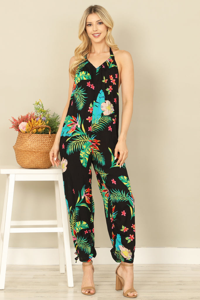 TROPICAL HALTER TIE STRAP BACKLESS JUMPSUIT