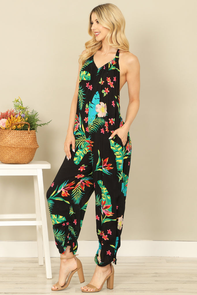 TROPICAL HALTER TIE STRAP BACKLESS JUMPSUIT
