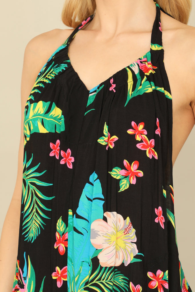 TROPICAL HALTER TIE STRAP BACKLESS JUMPSUIT