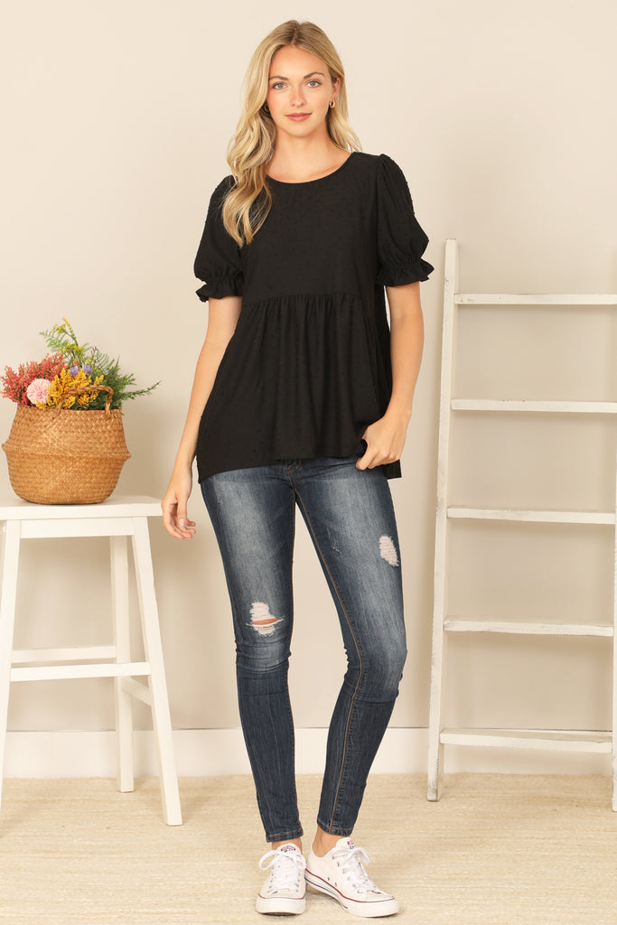 RUFFLE CUFF PUFF SHORT SLEEVE SWISS DOT PLEATED WAIST TOP