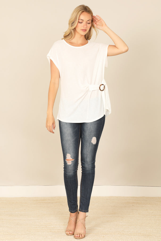 CAP SLEEVE BOAT NECK SIDE RING DETAIL SOLID TOP