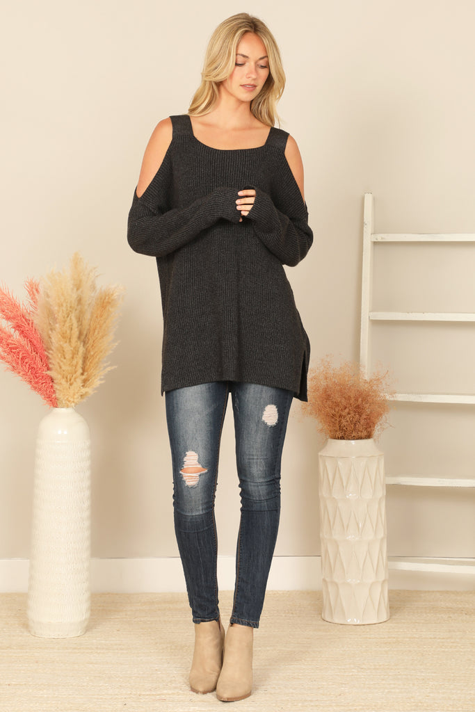 COLD SHOULDER KNITTED SWEATER