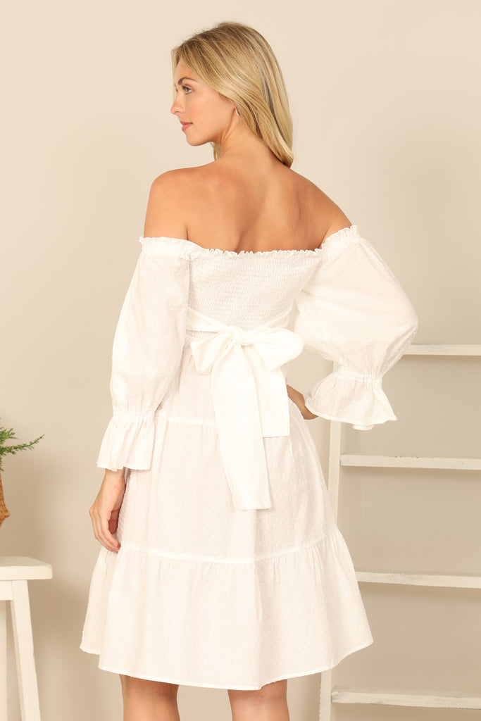 SMOCKED OFF SHOULDER PUFF SLEEVE WAIST BACK TIE SOLID DRESS
