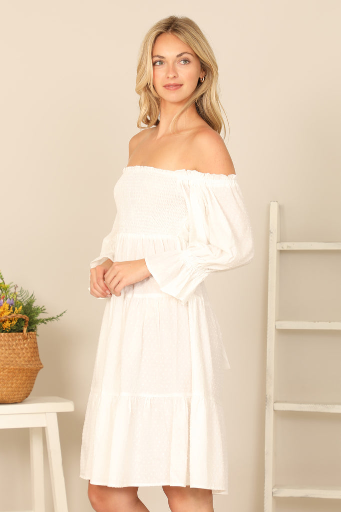 SMOCKED OFF SHOULDER PUFF SLEEVE WAIST BACK TIE SOLID DRESS