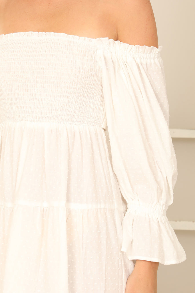 SMOCKED OFF SHOULDER PUFF SLEEVE WAIST BACK TIE SOLID DRESS