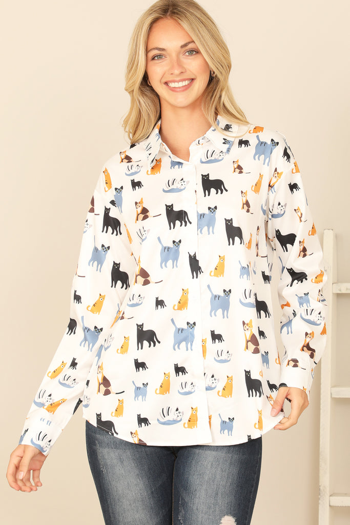 COLLARED LONG SLEEVE CAT PRINT TOP