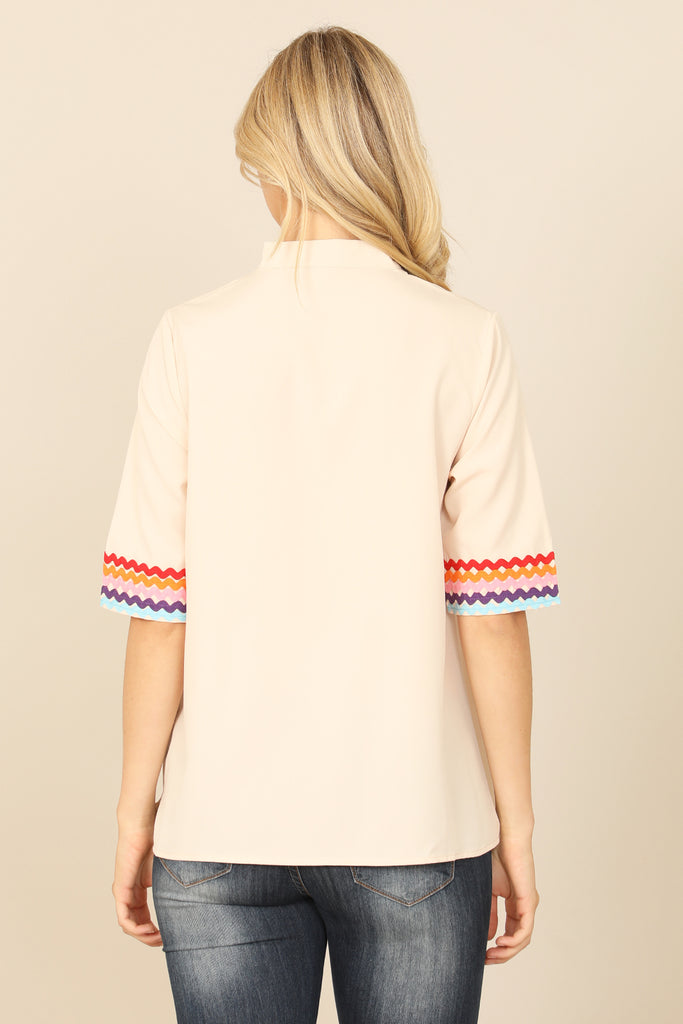 V-NECK MANDARIN COLLAR WAVE PRINT HALF SLEEVE TOP