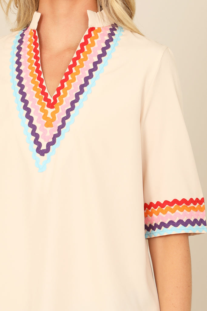 V-NECK MANDARIN COLLAR WAVE PRINT HALF SLEEVE TOP