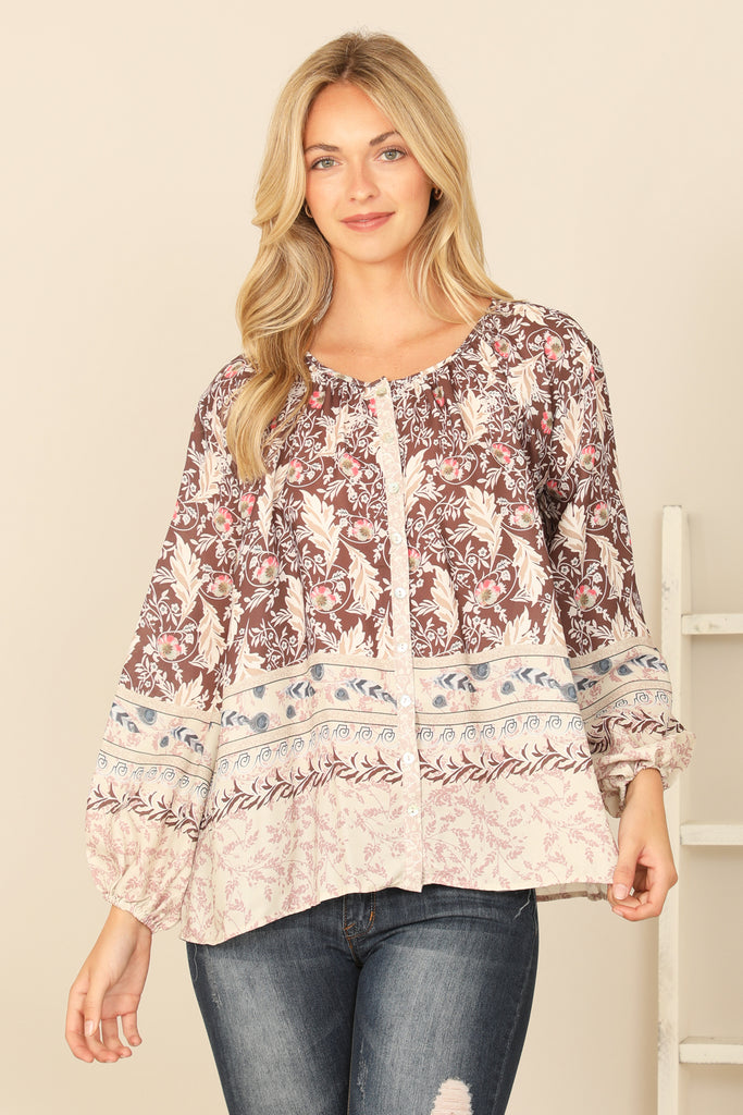 MIX LONG PUFF SLEEVE PRINTED TOP