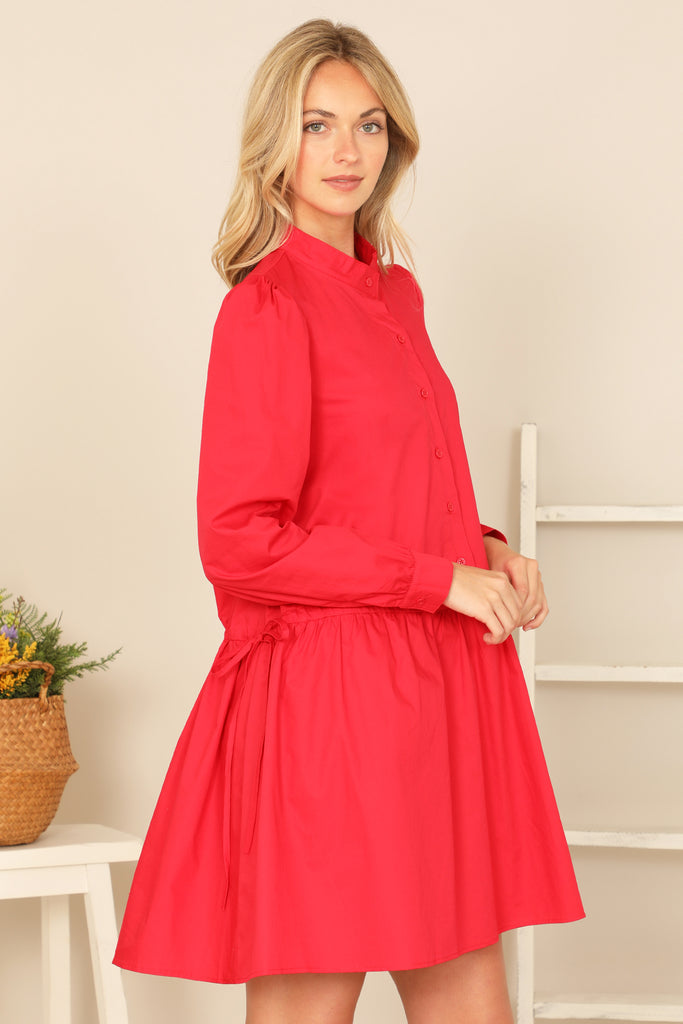 COLLAR LONG SLEEVE SOLID DRESS