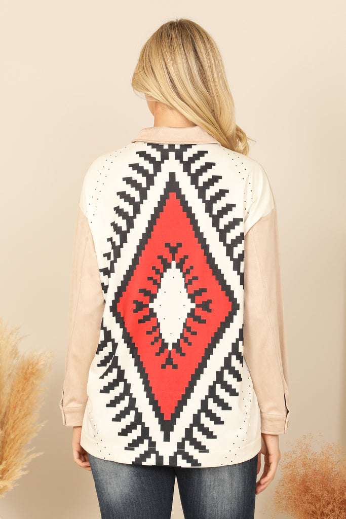 BUTTON DETAIL LONG SLEEVE PRINTED BACK TOP