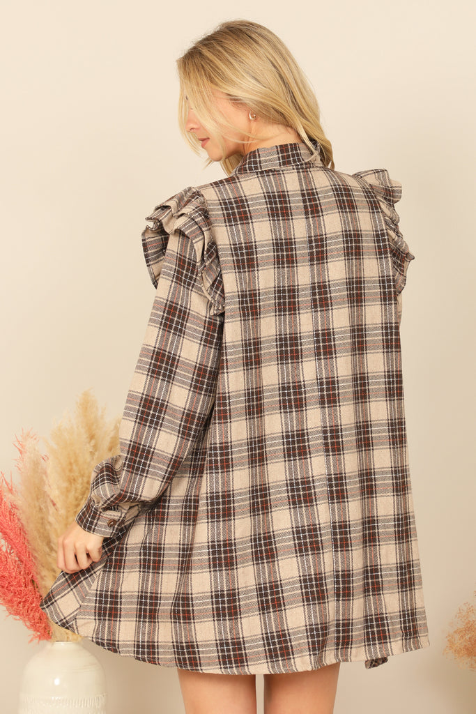 MIX LONG SLEEVE RUFFLE DETAIL PLAID DRESS
