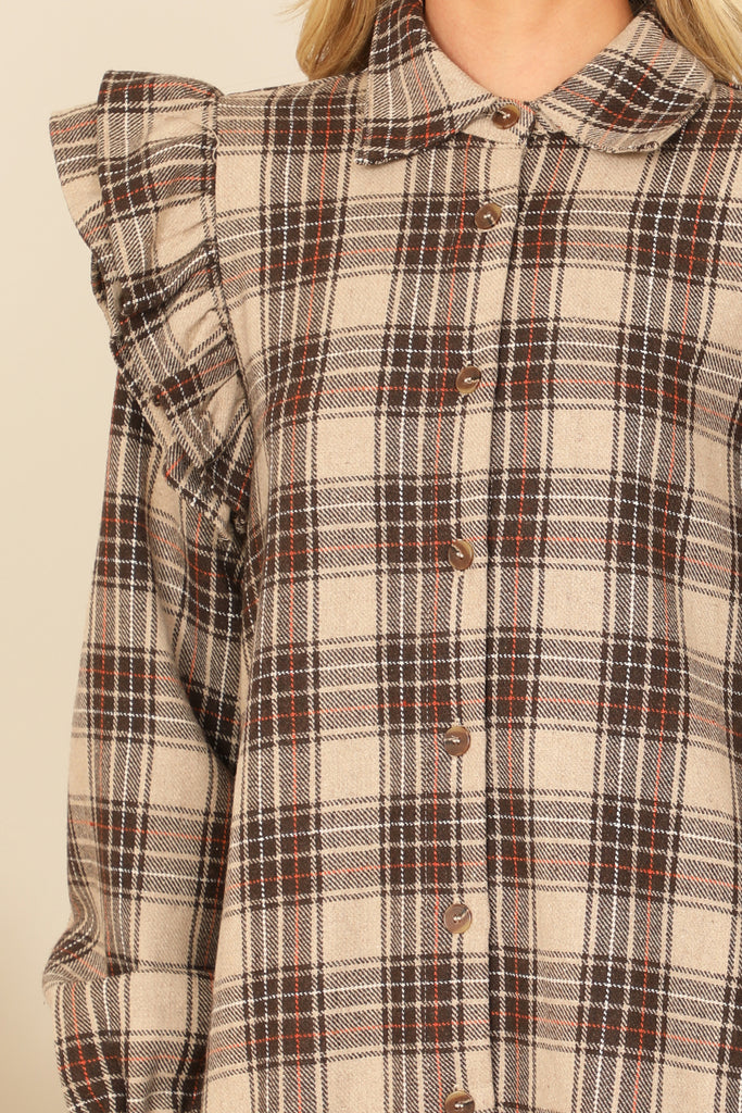 MIX LONG SLEEVE RUFFLE DETAIL PLAID DRESS