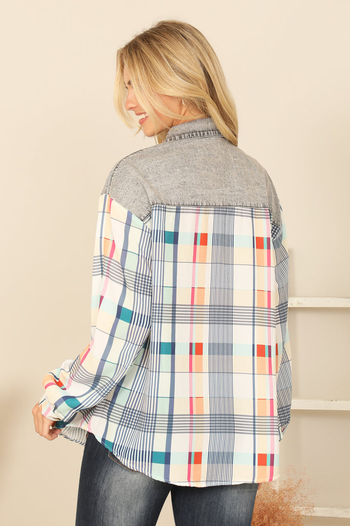COMBO LONG SLEEVE PLAID TOP
