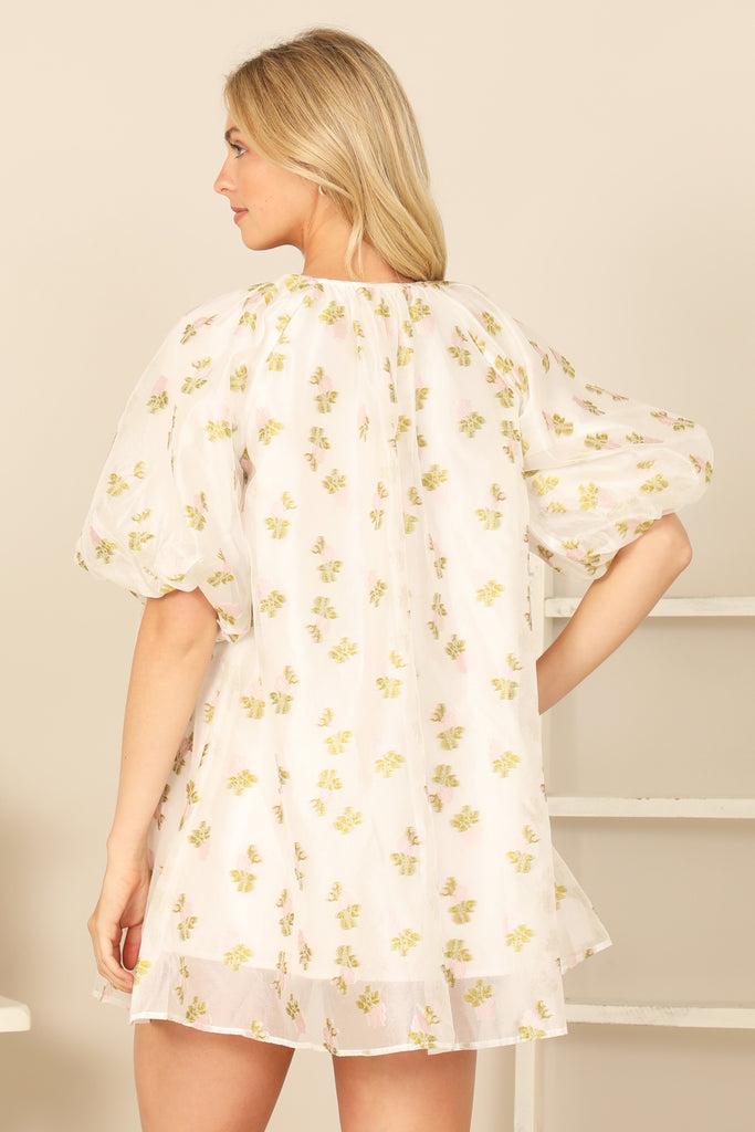 PUFF SLEEVE KEYHOLE TIE NECK PRINTED MINI DRESS