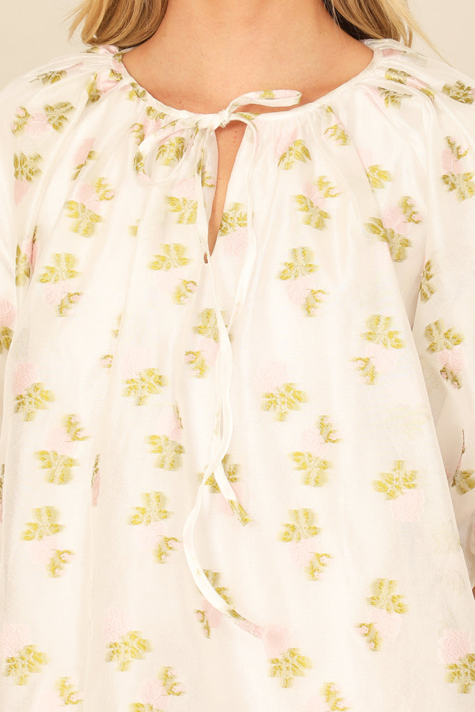 PUFF SLEEVE KEYHOLE TIE NECK PRINTED MINI DRESS