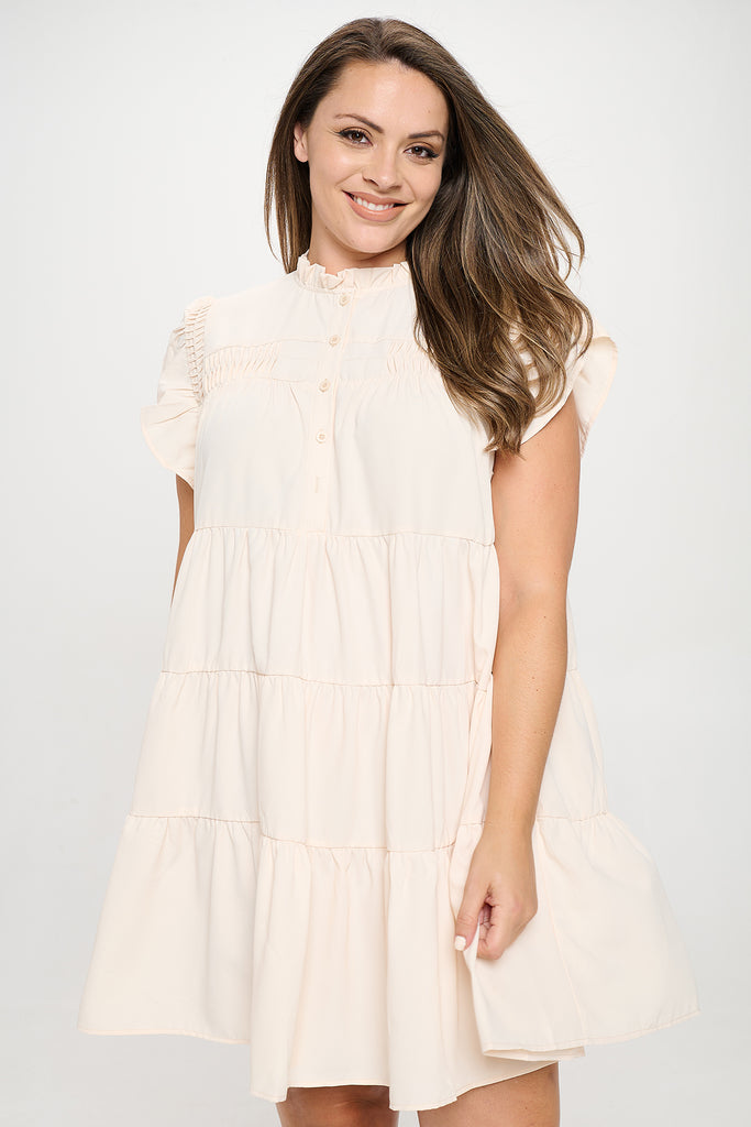 PLUS SIZE RUFFLE CAP SLEEVE TIERED SOLID DRESS