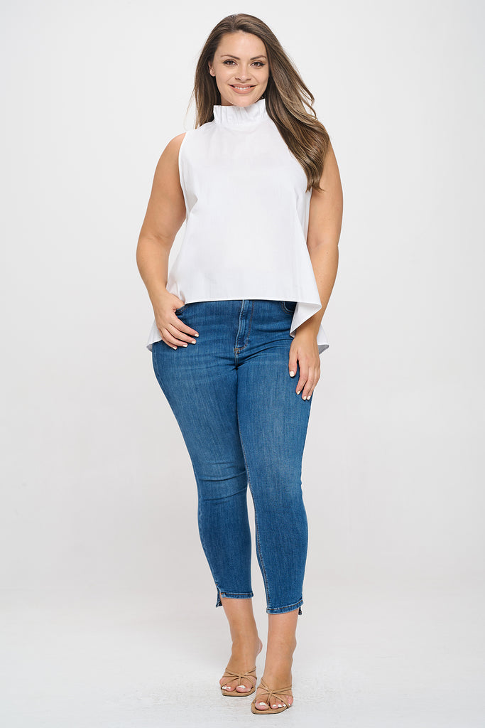 PLUS SIZE SLEEVELESS RUFFLE NECK SOLID TOP