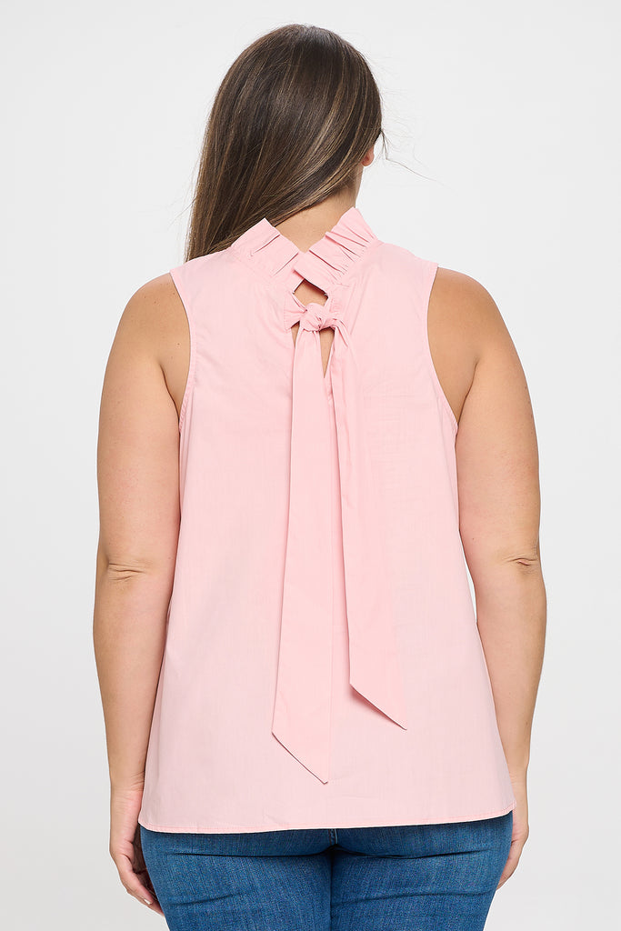 PLUS SIZE SLEEVELESS RUFFLE NECK SOLID TOP