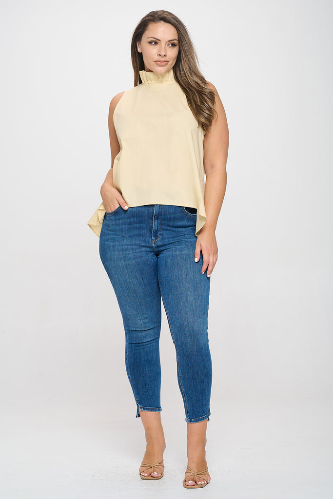 PLUS SIZE SLEEVELESS RUFFLE NECK SOLID TOP