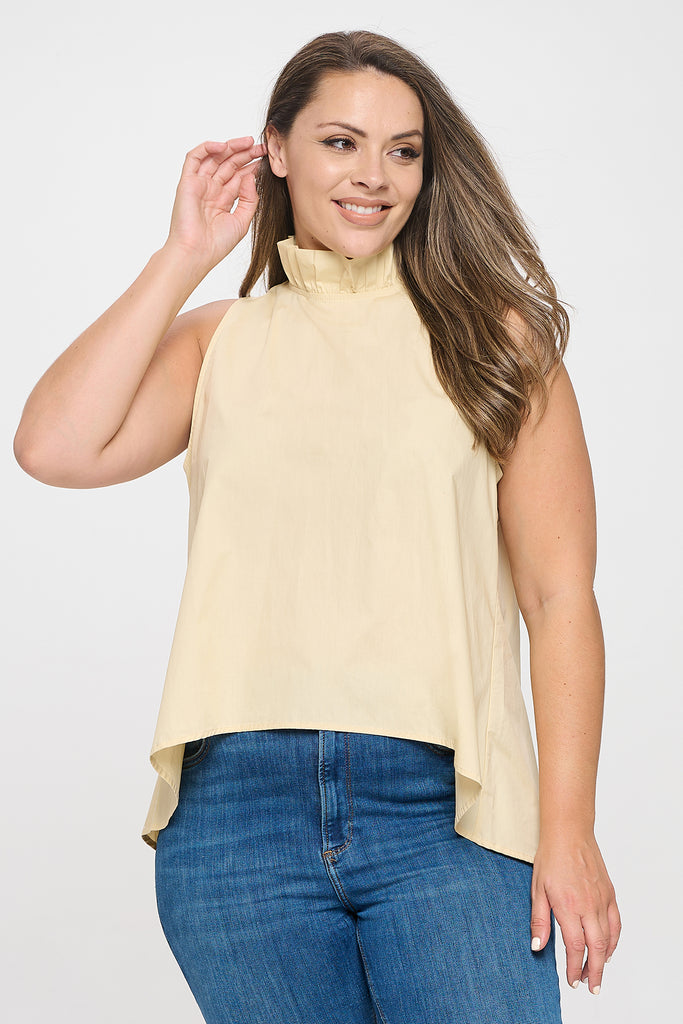 PLUS SIZE SLEEVELESS RUFFLE NECK SOLID TOP