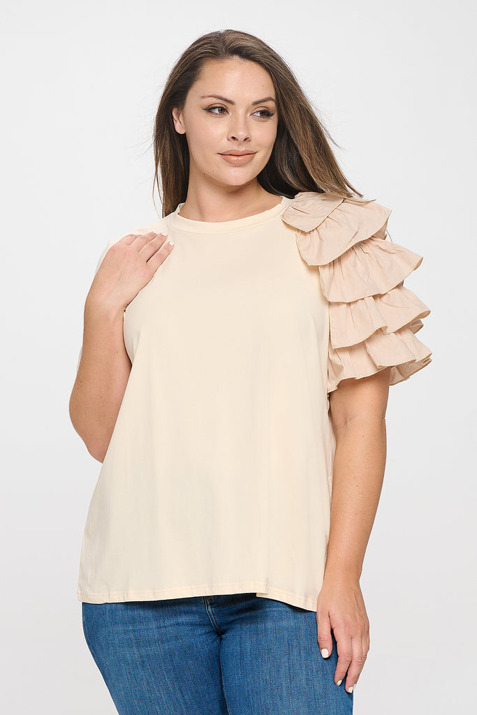 PLUS SIZE ONE SLEEVE LAYERED RUFFLE SOLID TOP - Riah Fashion