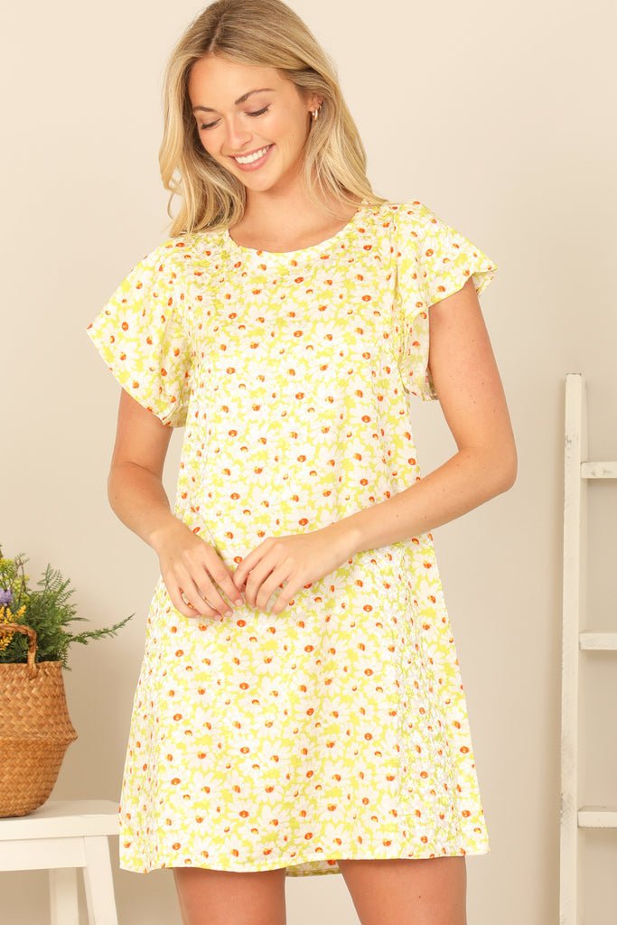 SHORT RUFFLE SLEEVE FLORAL MINI DRESS